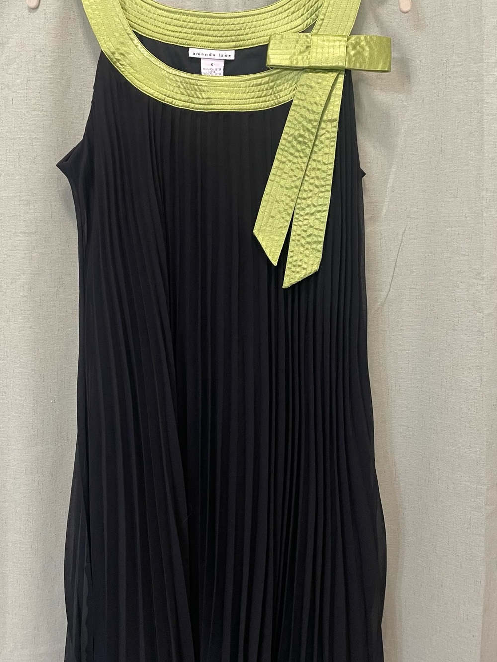 Amanda Lane Black Midi Dress with Lime Green Neck Bow
